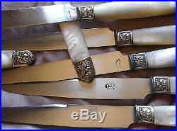 12 couteaux 1900 art nouveau Manches nacre viroles argent massif & lames acier