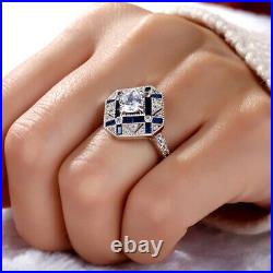 2.85 Carats Bleu Sapphire-Diamonds Art Déco Mariage Fiançailles Bague 925 Argent