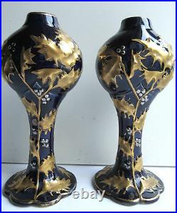 2 Vases Art Nouveau Jugendstil céramique de NIMY, bleu de Tours HOUX Or & Argent