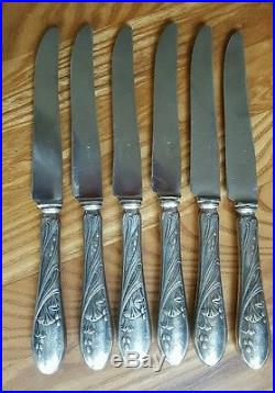 6 Couteaux art nouveau métal argenté modèle ginkgo biloba
