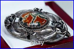 830 Argent Antique Art Nouveau Broche Agate