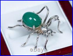 835 Argent Antique Art Nouveau Broche Spinne-Form Vert Agate