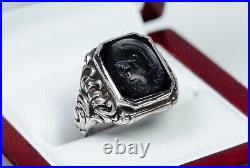 835 Argent Antique Art Nouveau Hommes-Bague / Chevalière Sculpture Sur Onyx