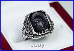 835 Argent Antique Art Nouveau Hommes-Bague / Chevalière Sculpture Sur Onyx