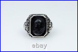 835 Argent Antique Art Nouveau Hommes-Bague / Chevalière Sculpture Sur Onyx