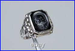 835 Argent Antique Art Nouveau Hommes-Bague / Chevalière Sculpture Sur Onyx