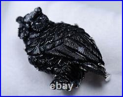 835 Argent Broche Antique Art Nouveau Sculpture En Obsidienne Hibou