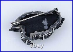 835 Argent Broche Antique Art Nouveau Sculpture En Obsidienne Hibou