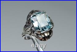 900 Argent Style Ancien Art Nouveau Anneau 7.00 CT Aigue-Marine (Testé)