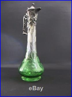 Aiguière Ancienne Cristal Vert Taillé Gravé Métal Argenté Art Nouveau