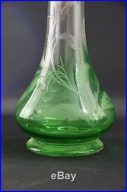 Aiguière Ancienne Cristal Vert Taillé Gravé Métal Argenté Art Nouveau