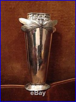 Ancien Vase Gallia Christofle Libellule Bronze Argenté Art Nouveau