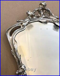 Ancien miroir de table ART NOUVEAU métal argenté VICTOR SAGLIER décor IRIS 49 cm
