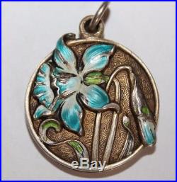Ancien pendentif porte photo Art Nouveau argent émaillé iris