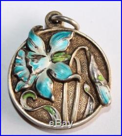 Ancien pendentif porte photo Art Nouveau argent émaillé iris