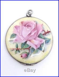 Ancien porte photo pendentif en argent massif emaillé fleur rose Art Nouveau