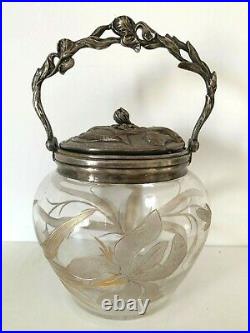 Ancien seau a biscuits Art Nouveau iris cristal taillé doré métal argenté bucket