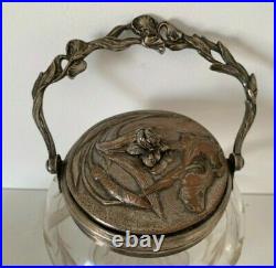 Ancien seau a biscuits Art Nouveau iris cristal taillé doré métal argenté bucket
