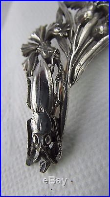 Ancienne broche bijou art nouveau argent decor oeillets et scarabée ep fin 19e