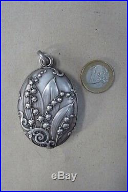 Ancienne glace décor muguet en argent art nouveau / pendentif de châtelaine