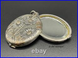 Antique Art Nouveau slide mirror silver pendant, daisies gold plated decoration