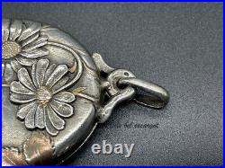 Antique Art Nouveau slide mirror silver pendant, daisies gold plated decoration