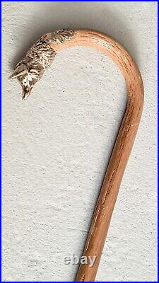 Antique Canne renard argent massif feuilles chêne bâton béquille art nouveau