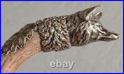 Antique Canne renard argent massif feuilles chêne bâton béquille art nouveau