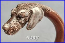 Antique Canne tête chien parties argent massif béquille bâton art nouveau