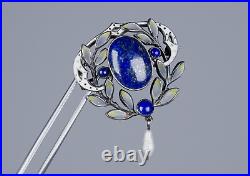 Argent Antique Art Nouveau Broche Fensteremaille Lapis Lazuli Et Perle