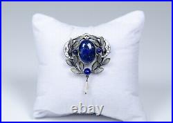 Argent Antique Art Nouveau Broche Fensteremaille Lapis Lazuli Et Perle