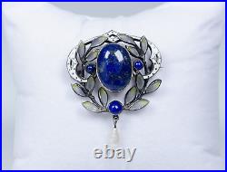 Argent Antique Art Nouveau Broche Fensteremaille Lapis Lazuli Et Perle