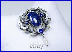 Argent Antique Art Nouveau Broche Fensteremaille Lapis Lazuli Et Perle