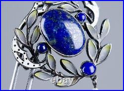 Argent Antique Art Nouveau Broche Fensteremaille Lapis Lazuli Et Perle