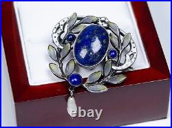 Argent Antique Art Nouveau Broche Fensteremaille Lapis Lazuli Et Perle