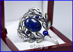 Argent Antique Art Nouveau Broche Fensteremaille Lapis Lazuli Et Perle