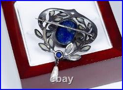 Argent Antique Art Nouveau Broche Fensteremaille Lapis Lazuli Et Perle