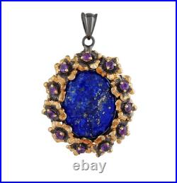 Art Nouveau Or Rose Floral Lapis Lazuli Pendentif Solide 925 Argent Noir Rhodium