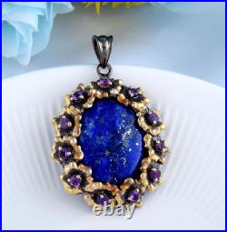 Art Nouveau Or Rose Floral Lapis Lazuli Pendentif Solide 925 Argent Noir Rhodium