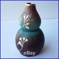 Art Nouveau Vase en Céramique avec Argent Superposition Signé Um 1900 K834