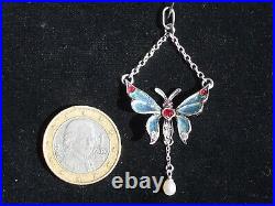 BEAU PENDENTIF PAPILLON ANCIEN 1900 ART NOUVEAU ARGENT avec EMAIL PLIQUE A JOUR