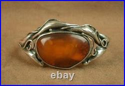 Beau Bracelet Ancien Art Nouveau En Argent Massif Et Ambre