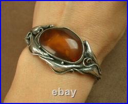 Beau Bracelet Ancien Art Nouveau En Argent Massif Et Ambre