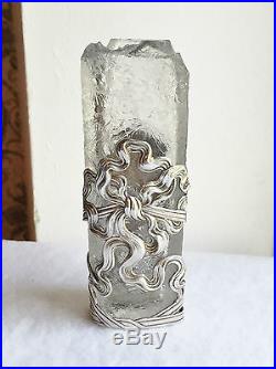 Beau Vase Art Nouveau Cristal Gravé Acide Monture Argent Massif Poinçon Minerve