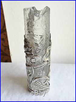 Beau Vase Art Nouveau Cristal Gravé Acide Monture Argent Massif Poinçon Minerve