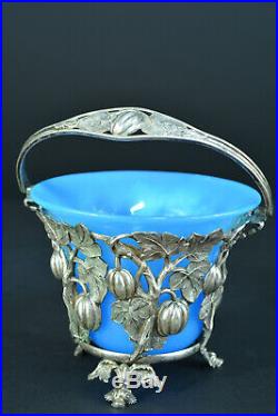 Beau petit panier Art Nouveau Opaline turquoise métal argenté ajouré