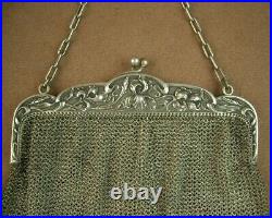 Belle Grande Bourse Aumoniere Sac De Bal Art Nouveau En Argent Massif Decor Iris