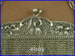 Belle Grande Bourse Aumoniere Sac De Bal Art Nouveau En Argent Massif Decor Iris