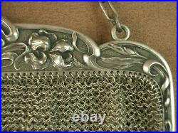 Belle Grande Bourse Aumoniere Sac De Bal Art Nouveau En Argent Massif Decor Iris