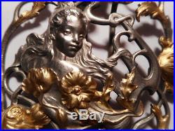 Boucle ceinture ancienne art nouveau 1900 sculpture femme fleur métal argenté 2
